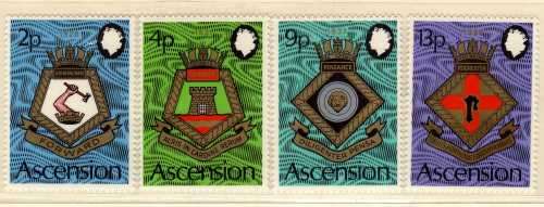 ASCENSION 1973 "ROYAL NAVY CRESTS" 5th SERIES SET OF 4 UMM. SG 166-69. CAT 10,50 POUNDS.