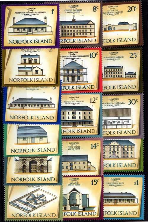 NORFOLK ISLAND 1973 HISTORIC BUILDINGS SET OF 16 LMM. SG 133-148. CAT 9 POUNDS. (2018)