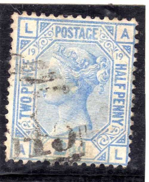 GREAT BRITAIN 1873-80 2,5d BLUE PLATE 19 FINE USED. SG 142. CAT 55 POUNDS.(2018)