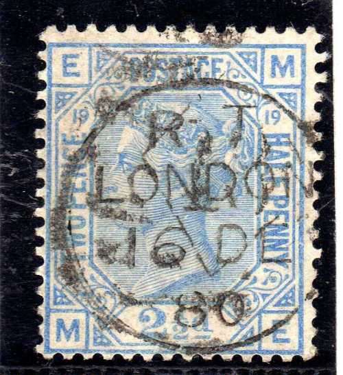 GREAT BRITAIN 1873-80 2,5d BLUE PLATE 19 VERY FINE USED. SG 142. CAT 55 POUNDS.(2018)