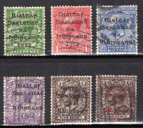 IRELAND 1922 STAMPS OF GB OVERPRINTED PART SET OF 6 FINE USED. SG 1,2,4,5,8,8b. CAT 82,60 GBP (2018)