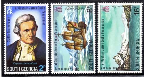SOUTH GEORGIA 1975 BICENT OF POSSESION BY CAPTAIN COOK SET OF 3 LMM. SG 43-45. CAT 9,50 POUNDS.