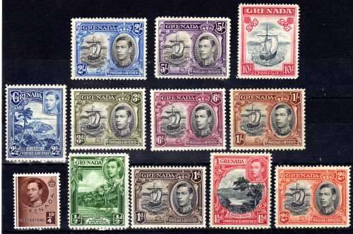 GRENADA 1938 DEFIN SET OF 12 VERY FINE LMM. SG 159-163e. CAT 80 POUNDS. (2018)