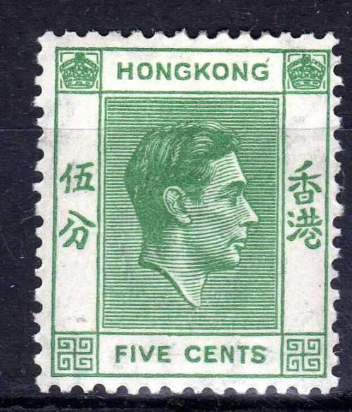 HONG KONG 1938-52 KGVI DEFIN 5c GREEN MM. SG 143. CAT 1,25 POUNDS. (2018)