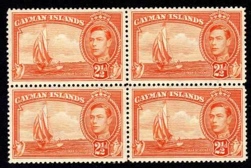 CAYMAN ISLANDS 1938 DEF 2½d ORANGE BLOCK OF 4 UMM. SG 120a. CV 14 POUNDS. (2018)