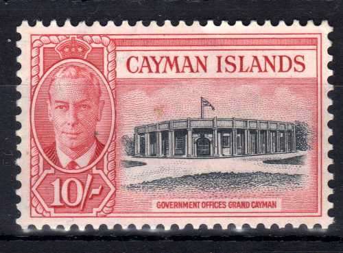 CAYMAN ISLANDS 1950 KGVI DEFINITIVE 10/- BLACK & SCARLET MM. SG 147. CAT 29 POUNDS. (2018)
