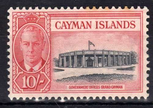 CAYMAN ISLANDS 1950 KGVI DEFINITIVE 10/- BLACK & SCARLET MM BUT TONED. SG 147. CAT 29 POUNDS. (2018)