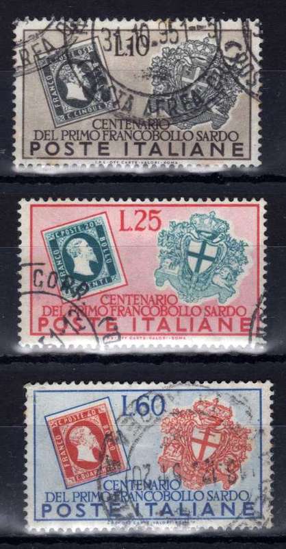 ITALY 1951 SARDINIAN POSTAGE STAMP CENTENARY SET OF 3 VFU. SG 798-800. Cat £27 (2013)