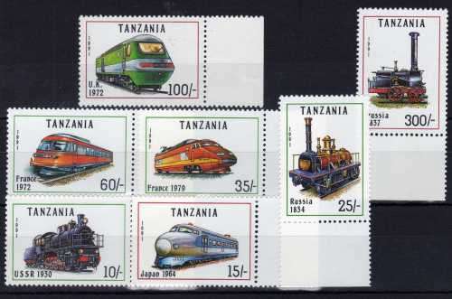 TANZANIA 1991 "LOCOMOTIVES OF THE WORLD" SET OF 7 UMM. SG 1082-88. CAT 6,80 POUNDS.