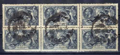 GREAT BRITAIN 1934 RE-ENGRAVED SEAHORSES 10/- BLOCK OF 6 FINE USED. SG 452. CAT 480 POUNDS. (2018)