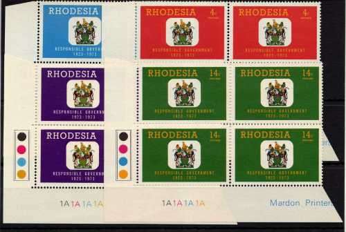 RHODESIA 1973 50TH ANNIV RESPONSIBLE GOV SET OF 4 IN CONTROL BLOCKS OF 4 UMM. SACC 246-49. CAT R120.