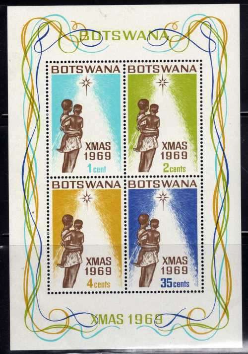 BOTSWANA 1969 CHRISTMAS MINI SHEET STAMPS UMM BUT MOUNTED IN MARGIN. SG MS260.