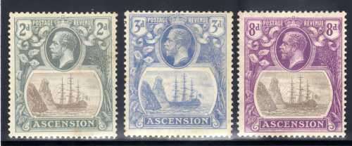ASCENSION 1924-33 KGV DEFIN 2d, 3d & 8d MM. SG 13, 14 & 17. CAT 52 POUNDS. (2018)