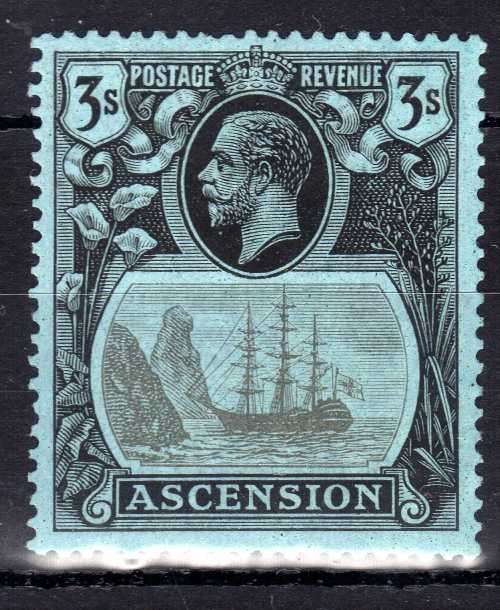 ASCENSION 1924-33 KGV DEFIN 3/- GREY-BLACK & BLACK/BLUE VERY FINE MM. SG 20. CAT 100 POUNDS. (2018)