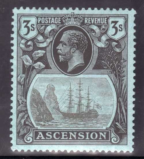 ASCENSION 1924-33 KGV DEFIN 3/- GREY-BLACK & BLACK/BLUE VERY FINE MM. SG 20. CAT 100 POUNDS. (2018)