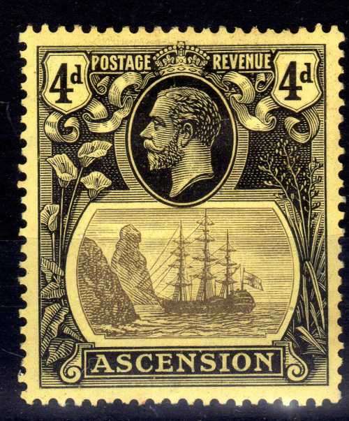 ASCENSION 1924-33 KGV DEFIN 4d GREY-BLACK & BLACK/YELLOW FINE MM. SG 15. CAT 50 POUNDS. (2018)