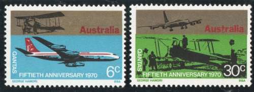 AUSTRALIA 1970 "50TH ANNIVERSARY OF QUANTAS AIRLINE" SET OF 2 MOUNTED MINT. SG 477-8.