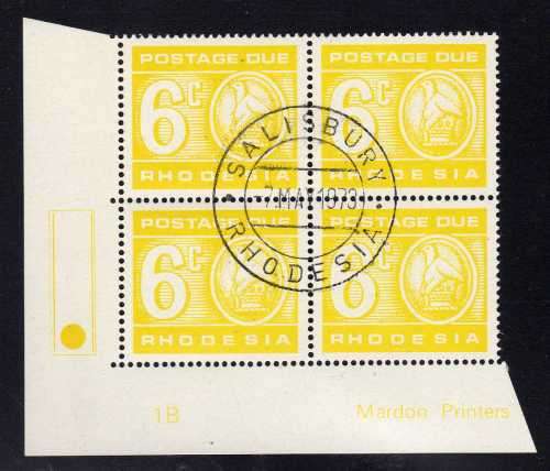 RHODESIA 1974 POSTAGE DUE 6c CONTROL BLOCK OF 4 VFU. (C.T.O.) SACC 14. CAT R300 (2019-20)