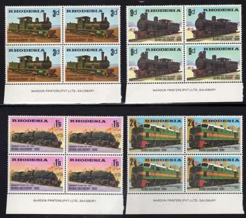 RHODESIA 1969 70th ANNIV BEIRA-SALISBURY RAILWAY SET OF 4 IN IMPRINT BLOCKS. SACC 188-191. CAT R600.