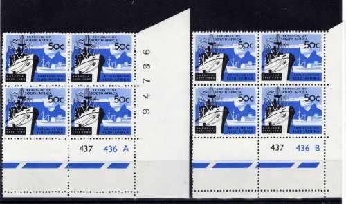 SOUTH AFRICA 1967-71 DEFIN W/MARK RSA TETE BECHE HARRISON PAPER 2 x 50c CONTR BLOCKS UMM. SACC 272a.