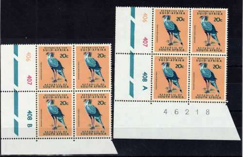 SOUTH AFRICA 1969-72 PHOSPHOR BAND DEFIN 2 x 20c SWISS 3mm CONTR BLOCKS OF 4 UMM. SACC 301 CAT R1000