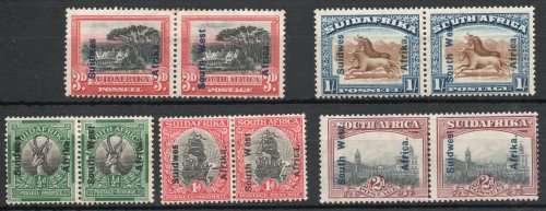 SOUTH WEST AFRICA 1926-27 DEFIN PART SET OF 5 PAIRS MOUNTED MINT. SACC 64-65, 75-77. CAT R830.