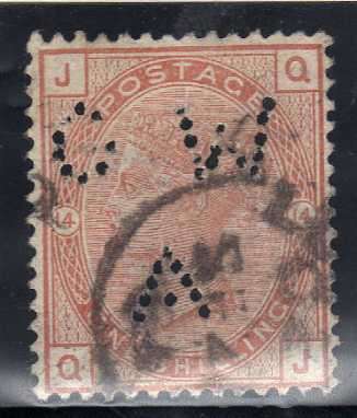 GREAT BRITAIN 1880-83 1/- ORANGE BROWN PL 14 PERFINED USED. SG 163. CV 170 POUNDS. (2018)