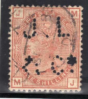 GREAT BRITAIN 1880-83 1/- ORANGE BROWN PLATE 13 PERFINED USED. SG 163. CV 170 POUNDS. (2018)