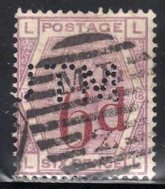 GREAT BRITAIN 1880-83 6d ON 6d LILAC PLATE 18 PERFINED USED. SG 162. CV 150 POUNDS. (2018)
