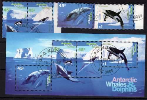 AUSTRALIAN ANTARCTIC TERRITORY 1995 WHALES & DOLPHINS SET OF 4 & M/S VFU. SG 108-112. CAT 15 GBP.