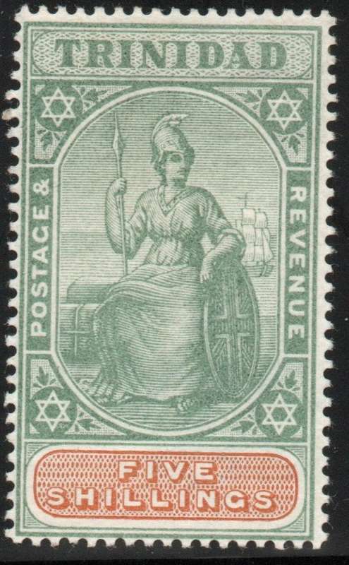 TRINIDAD 1896-1906 DEFIN 5/- GREEN & BROWN MOUNTED MINT. SG 122. CV £60 (2018)