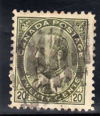 CANADA 1903-12 DEFIN 20c PALE OLIVE GREEN FINE USED. SG 185. CAT £38. (2018)