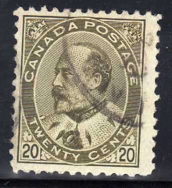 CANADA 1903-12 DEFIN 20c PALE OLIVE GREEN VERY FINE USED. SG 185. CAT £38. (2018)