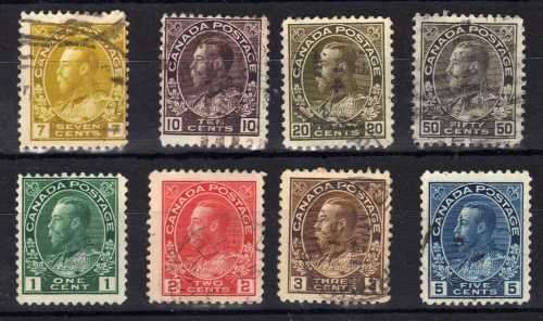 CANADA 1911-22 DEFIN BASIC SET OF 8 VERY FINE USED. SG 196-215. CAT £12. (2018)