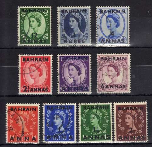 BAHRAIN 1952 QEII DEFIN SET OF 10 VFU. SG 80-89. CAT £3,25. (2018)