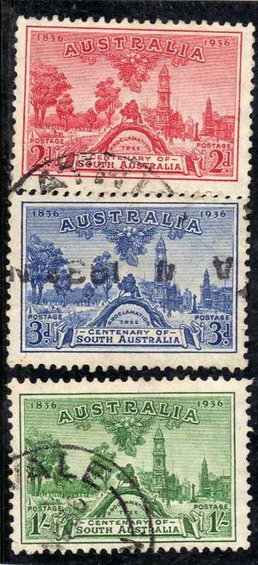 AUSTRALIA 1936 "CENTENARY OF SOUTH AUSTRALIA" SET OF 3 VERY FINE USED. SG 161-3. CAT £15. (2018)