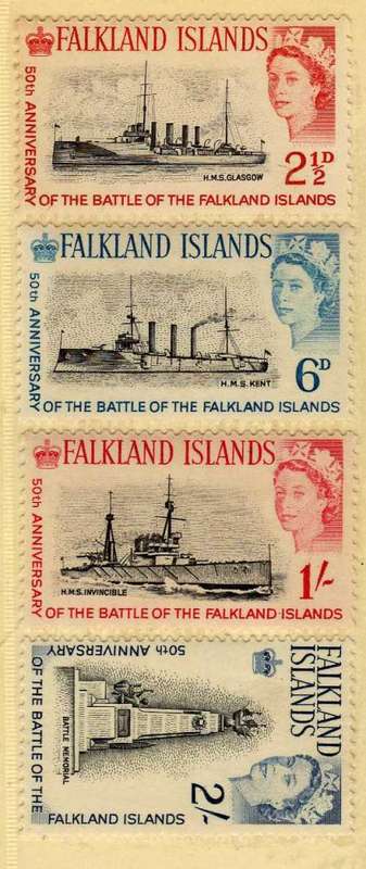 FALKLAND ISLANDS 1964 "50th ANNIV BATTLE OF FALKLAND ISL" SET OF 4 U.M.M. SG 215-18. CAT 13 POUNDS.