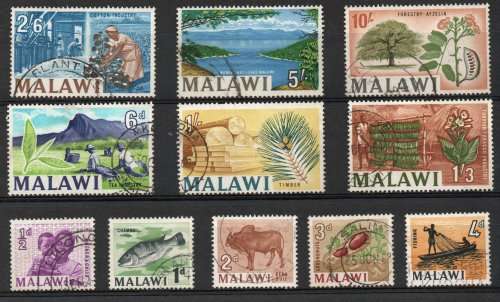 MALAWI 1964-65 DEFINITIVE PART SET OF 11 VERY FINE USED . SG 215-220, 222-224, 225a & 226.