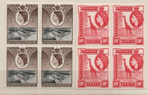 KENYA UGANDA & TANGANYIKA 1954 DEFIN 5c & 10c IN BLOCKS OF 4 U.M.M. SG 167-168. CAT 17 POUNDS.
