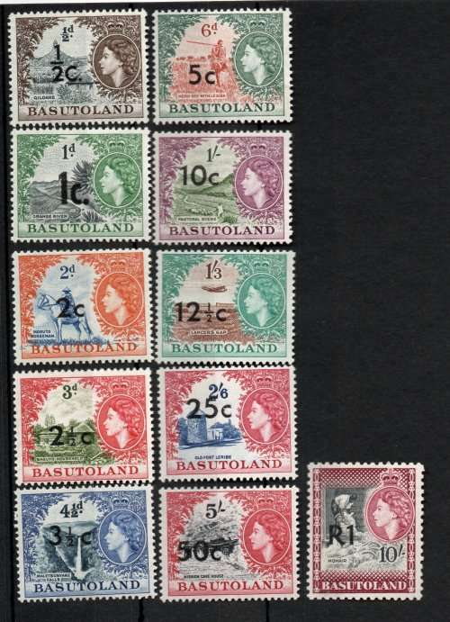 BASUTOLAND 1961 DECIMAL SURCHARGE SET OF 11 LMM. SACC 58-68. CAT R2198.