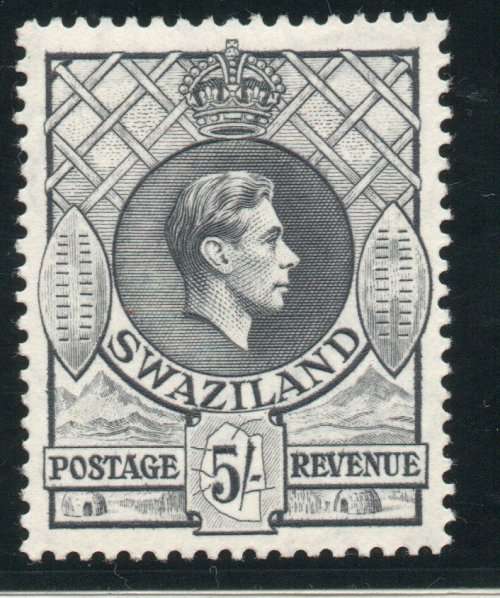 SWAZILAND 1938 DEFIN 5/- GREY LMM PERF 13½ x 13. SACC 36. CAT R1400. (2019-20)