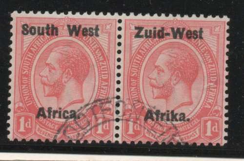 SOUTH WEST AFRICA 1923 HYPHENATED DEFIN 1d PAIR VFU. SG 2. CAT £9,50. (2018)