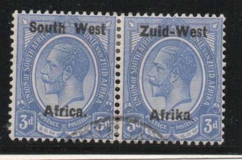 SOUTH WEST AFRICA 1923 HYPHENATED DEFIN 3d PAIR VFU. SG 4. CAT £19. (2018)