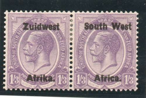 SOUTH WEST AFRICA 1923 DEFIN 1s3d DULL VIOLET PAIR TYPE III LMM, SG 23, CAT 28 POUNDS (2018)