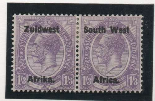 SOUTH WEST AFRICA 1923 DEFIN 1s3d DULL VIOLET PAIR TYPE III VFU, SG 23, CAT 50 POUNDS (2018)