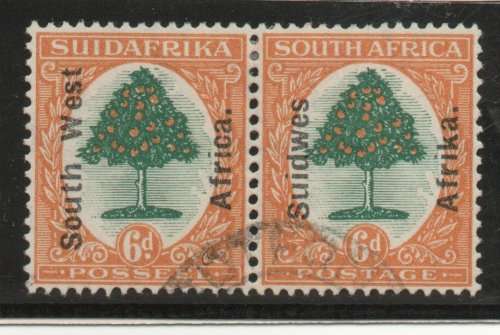 SOUTH WEST AFRICA 1926 DEFIN 6d PAIR ENGLISH ON AFRIKAANS STAMP VFU, SG 47, CAT 38 POUNDS (2022)