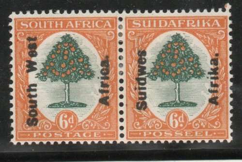 SOUTH WEST AFRICA 1926 DEFIN 6d PAIR AFRIKAANS ON AFRIKAANS STAMP LMM, SG 43, CAT 27 POUNDS (2018)