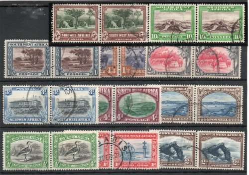 SOUTH WEST AFRICA 1931 DEFIN PART SET OF 11 PAIRS FINE - VERY FINE USED. SACC 103-113. CAT R1960.