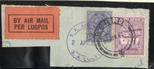 SOUTH AFRICA 1925 FIRST AIRMAIL 6d ON PIECE WITH SA AIRMAIL CANCEL / DATE STAMP. SACC 27.