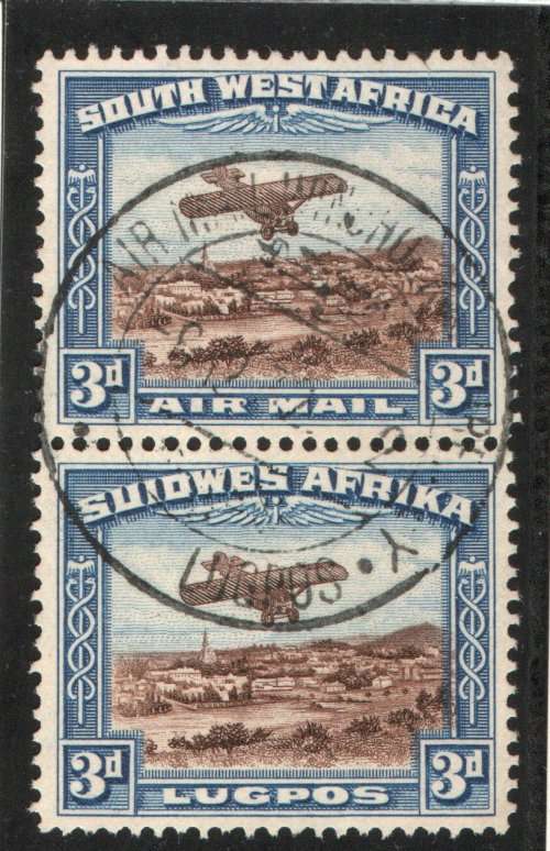 SOUTH WEST AFRICA 1931 AIRMAIL 3d VERTICAL PAIR USED. SACC 101. CAT AS HORIZONTAL PR R600. (2019/20)
